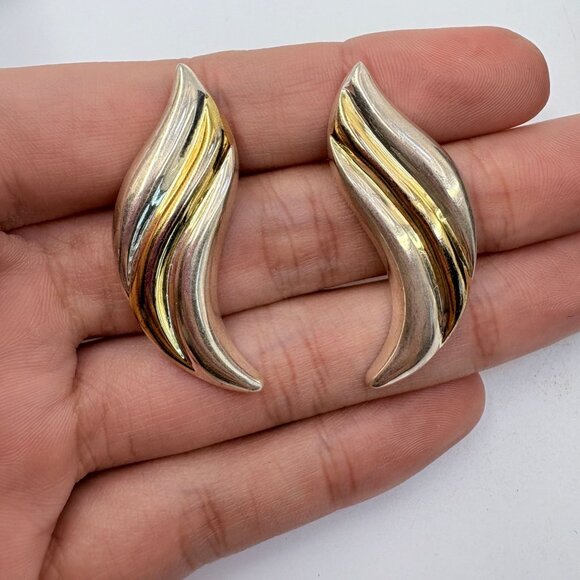 Two Tone Sterling Silver 925 Modernist Wave Design Dangle Earrings 1.75" Length - Picture 6 of 8